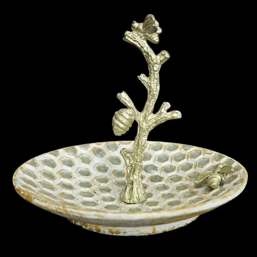 Vintage Bee Honeycomb Ring Dish Jewelry Holder Branch Tree Metal Trinket Tray